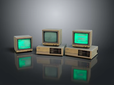 Three Vintage Computer Monitors With Green Screens On Dark Reflective Surface 3d model