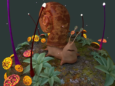 Cartoon Scene Featuring Snail With Brown Shell Colorful Mushrooms Green Leaves And Glowing Purple Plants 3d model