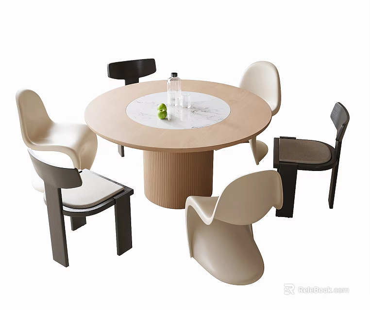 Modern Round Dining Table Set With Beige Black Chairs And Wooden Marble Tabletop 3d model 