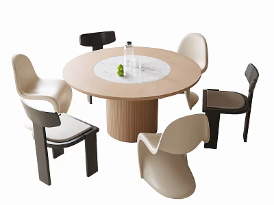 Modern Round Dining Table Set With Beige Black Chairs And Wooden Marble Tabletop 3d model