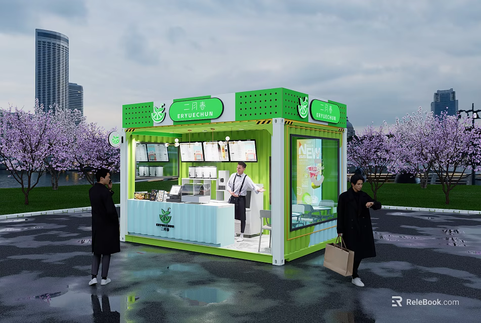 Green Bubble Tea Shop Stand With Sakura Trees And Urban City Skyline 3d model 