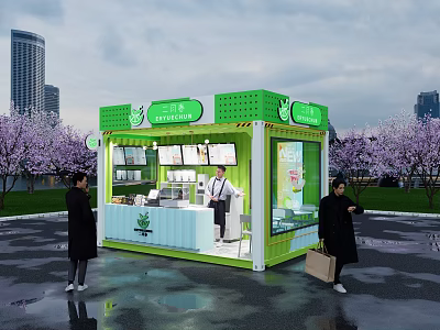 Green Bubble Tea Shop Stand With Sakura Trees And Urban City Skyline 3d model