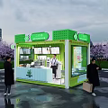 Green Bubble Tea Shop Stand With Sakura Trees And Urban City Skyline