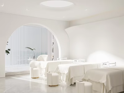 Minimalist White Beauty Salon Interior With Arched Doorway Green Plants And Massage Beds 3d model