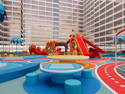 Vibrant Children's Play Area With Slides Round Tables Colorful Flooring And Tall Building Background 3d model