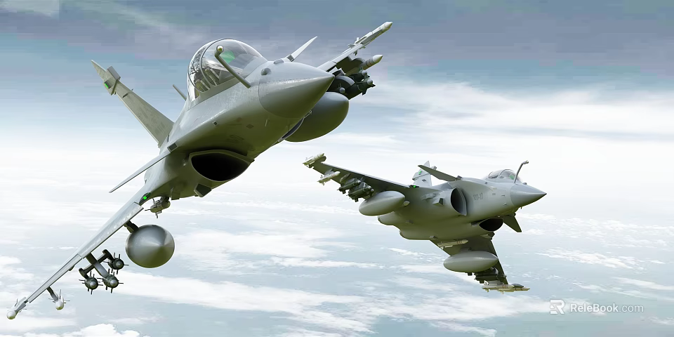 Two Modern Fighter Jets in Flight with Weaponry Over Cloudy Sky 3d model 