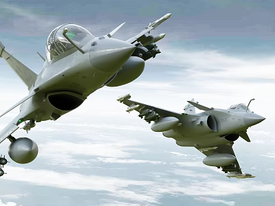 Two Modern Fighter Jets in Flight with Weaponry Over Cloudy Sky 3d model