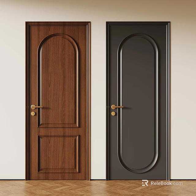 Brown Wooden And Black Interior Doors With Arch Panel And Gold Handles 3d model 