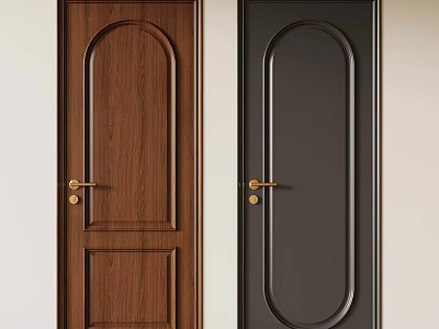 Brown Wooden And Black Interior Doors With Arch Panel And Gold Handles 3d model