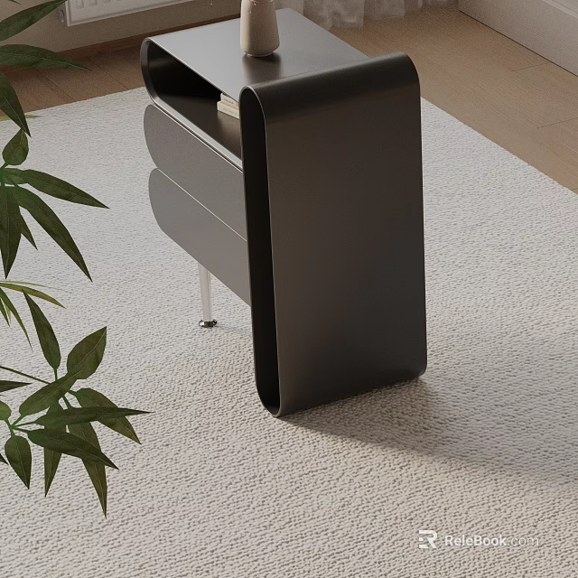 Modern Black Bedside Table Design With Sleek Lines And Green Plant On Rug 3d model 