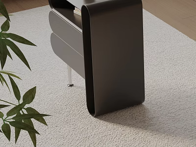 Modern Black Bedside Table Design With Sleek Lines And Green Plant On Rug 3d model
