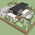 Modern Detached Villa With Black And White Exterior Large Glass Windows Green Lawn And Trees