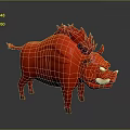 Vibrant Red Wild Boar Sculpture with Spiked Mane and White Tusks in Cartoon Style