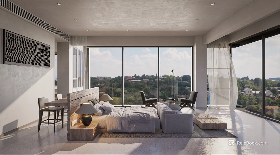 Modern Hotel Room Interior With Open Design Large Windows City View Bed Sofa And Chairs 3d model 