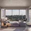 Modern Hotel Room Interior With Open Design Large Windows City View Bed Sofa And Chairs