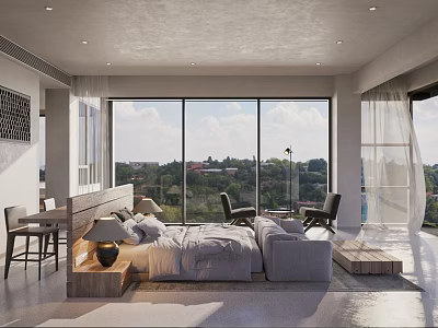 Modern Hotel Room Interior With Open Design Large Windows City View Bed Sofa And Chairs 3d model