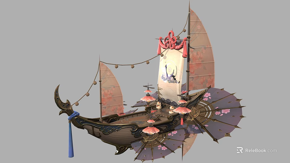Traditional Ornate Decorative Boat With Sails Umbrellas Lanterns And Oriental Design 3d model 