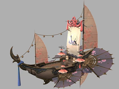 Traditional Ornate Decorative Boat With Sails Umbrellas Lanterns And Oriental Design 3d model