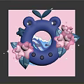 Cartoon Reptile Turtle Design on Pink Box with Pink Flowers and Blue Waves