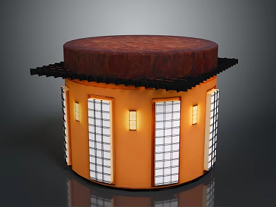 Circular Building Structure With Orange Walls White Lattice Windows Red Roof And Black Edges 3d model
