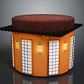 Circular Building Structure With Orange Walls White Lattice Windows Red Roof And Black Edges