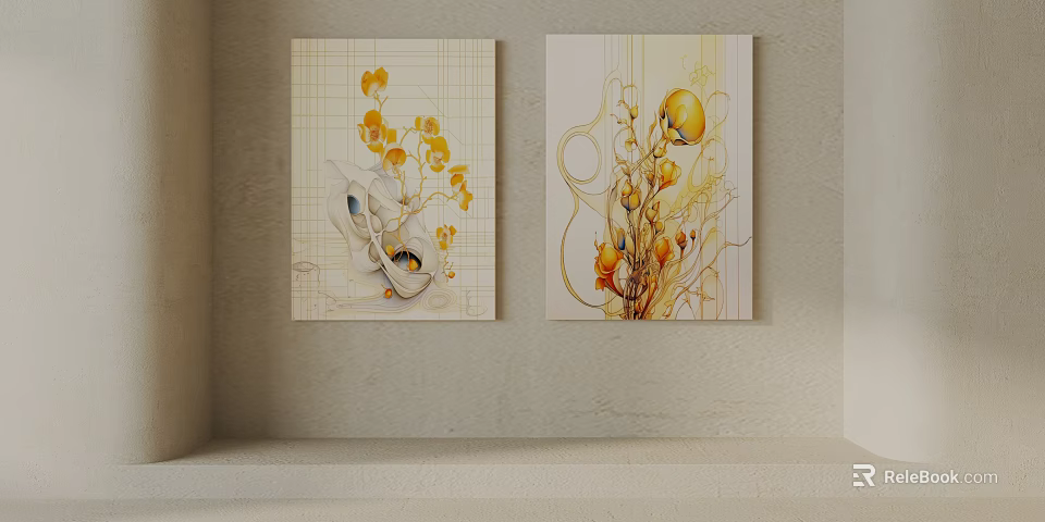 Two Panel Decorative Wall Art With Yellow Flowers And Artistic Patterns 3d model