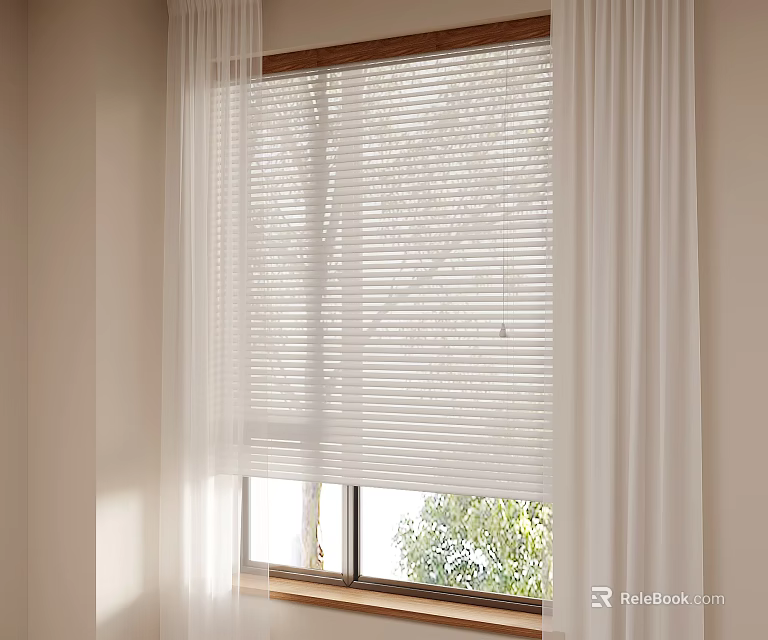 White Sheer Curtain With Venetian Blinds And Natural Light Through Tree View Window 3d model 