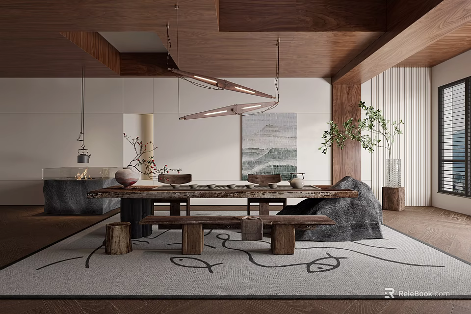 Modern Tea Room Interior With Long Table Artistic Lighting And Decor 3d model 
