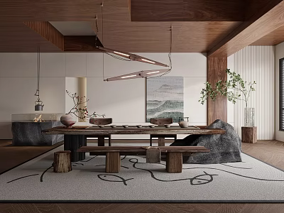 Modern Tea Room Interior With Long Table Artistic Lighting And Decor 3d model