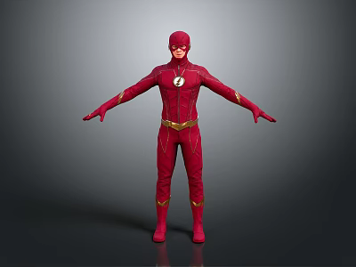 The Flash Superhero Character In Red Costume With Lightning Symbol Standing Pose Arms Outstretched 3d model