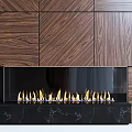 Modern Wooden Fireplace With Wood Grain Panels And Burning Flames On Black Base