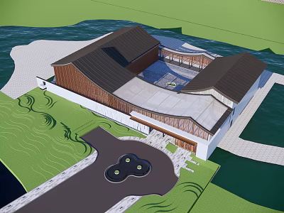 Modern Sales Office Building With Unique Roof Design Waterfront Location Green Lawn And Circular Driveway 3d model