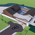 Modern Sales Office Building With Unique Roof Design Waterfront Location Green Lawn And Circular Driveway