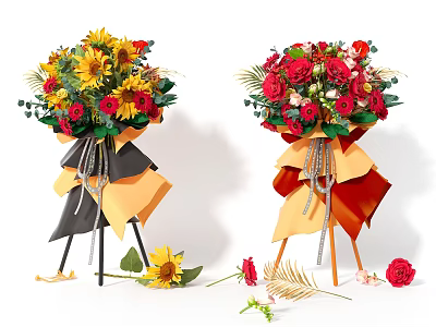 Elegant Sunflower And Red Rose Bouquets With Multicolored Wrapping Paper And Scattered Floral Elements 3d model