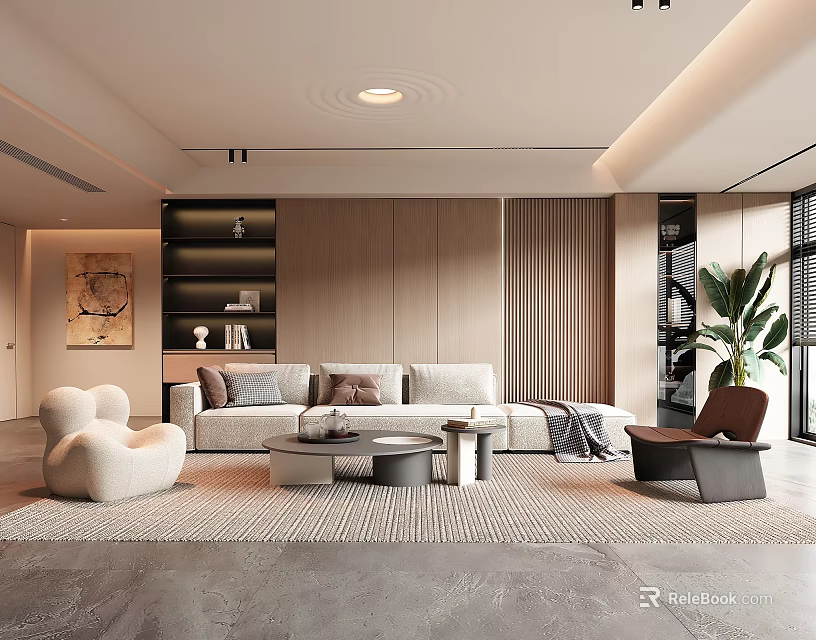 Modern Living Room With Beige Sofa Round Coffee Table Curved Chair Bookshelf And Area Rug 3d model 