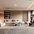 Modern Living Room With Beige Sofa Round Coffee Table Curved Chair Bookshelf And Area Rug