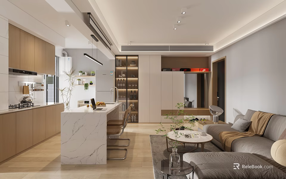 Modern Dining and Living Room Interior with Open Kitchen Island Wooden Cabinets Sofa Coffee Table 3d model 