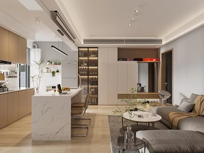 Modern Dining and Living Room Interior with Open Kitchen Island Wooden Cabinets Sofa Coffee Table 3d model