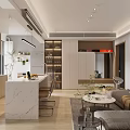 Modern Dining and Living Room Interior with Open Kitchen Island Wooden Cabinets Sofa Coffee Table