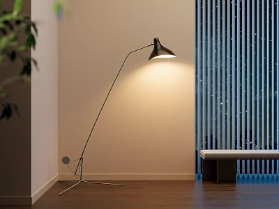 Modern Black Floor Lamp With Metal Stand In Interior With Wooden Floor And Striped Screen 3d model