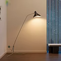 Modern Black Floor Lamp With Metal Stand In Interior With Wooden Floor And Striped Screen