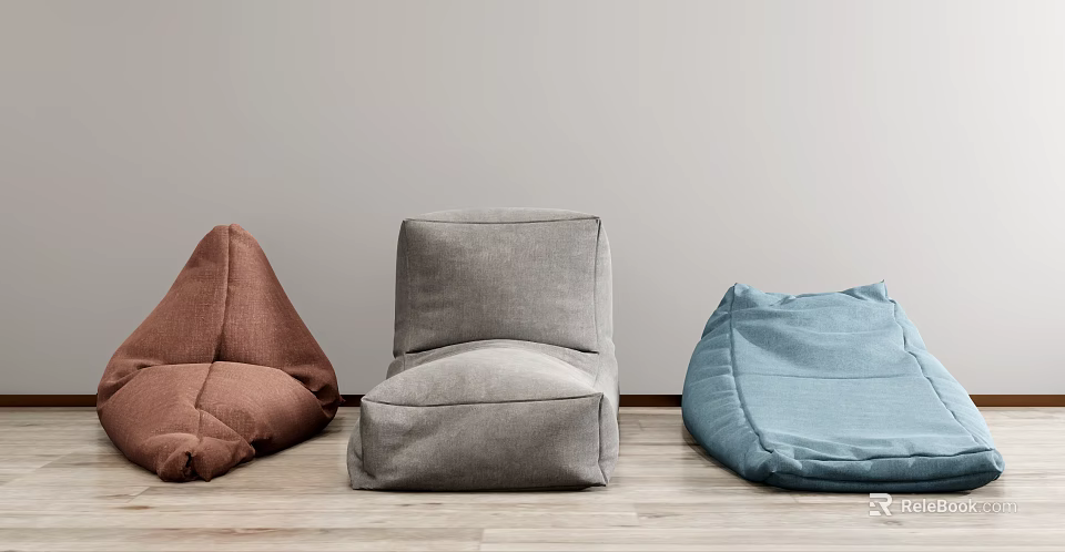 Brown Gray Blue Bean Bag Chairs On Light Wood Floor With Light Gray Wall 3d model 