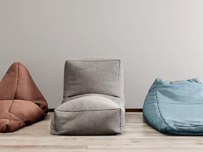 Brown Gray Blue Bean Bag Chairs On Light Wood Floor With Light Gray Wall 3d model