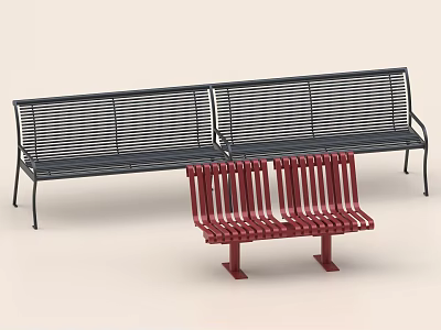 Black and Red Public Chairs With Slatted Design For Outdoor Seating 3d model