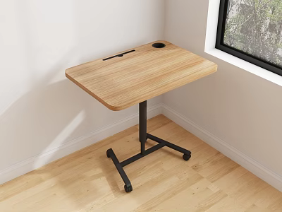 Wooden Functional Desk with Cup Holder Portable Wheels and Modern Design in Room Corner 3d model
