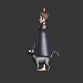 Girl In Purple Dress With Red Bow Arms Outstretched Beside Black Cat With Big Ears