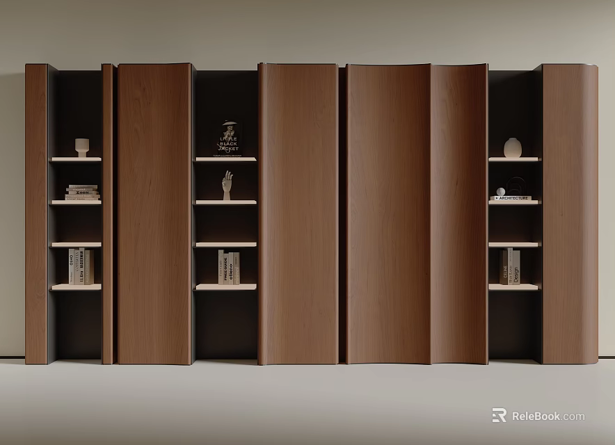 Modern Brown Wooden Bookcase Interior With Multiple Open Compartments And Decorative Shelves 3d model 