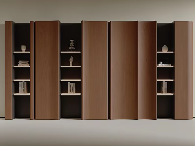 Modern Brown Wooden Bookcase Interior With Multiple Open Compartments And Decorative Shelves 3d model