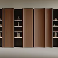 Modern Brown Wooden Bookcase Interior With Multiple Open Compartments And Decorative Shelves