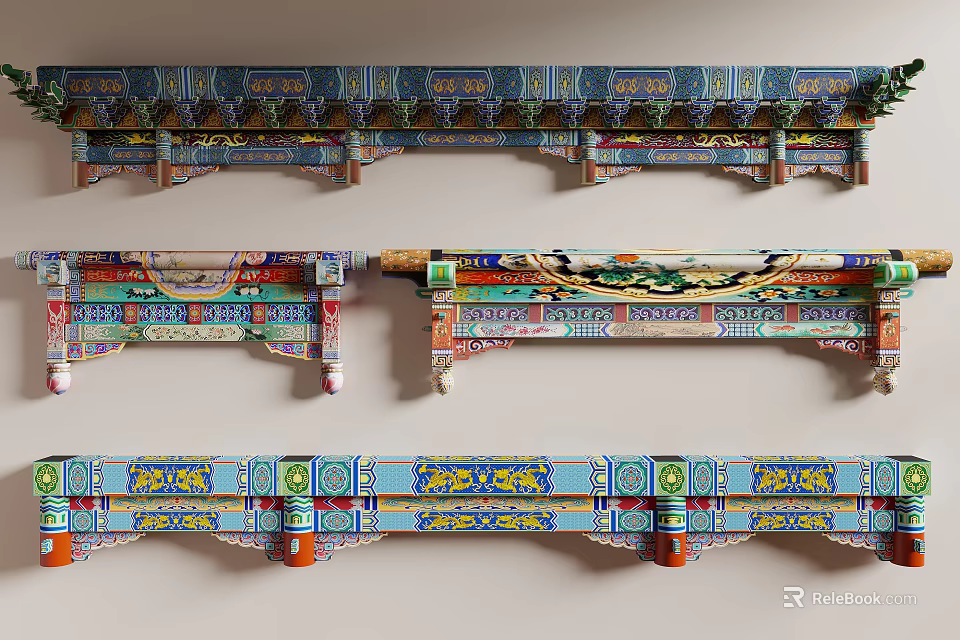 Traditional Chinese Architectural Components Featuring Colorful Carved Dragon Patterns And Eave Decorations 3d model 